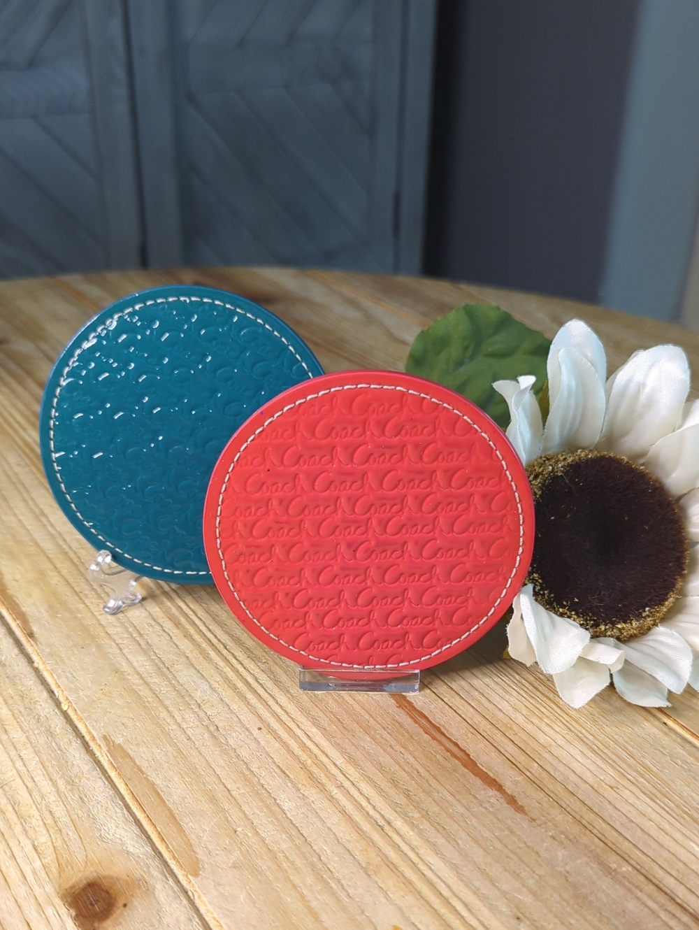 Coach Logo Embossed Leather Coasters Red Or Teal